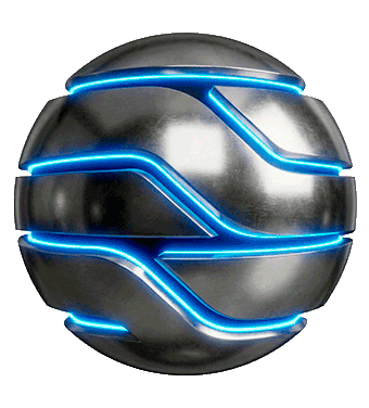 Icono de tecnología digital, diseño gráfico 3D de esfera metálica con iluminación azul, símbolo de vanguardia e innovación IT.