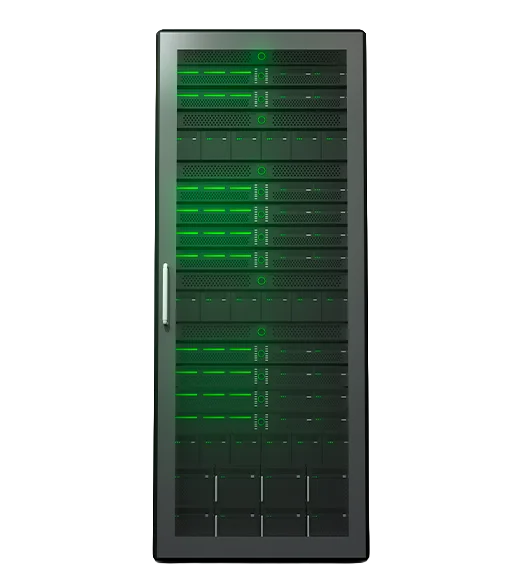 Rack de servidores con iluminación LED verde, simbolizando eficiencia operativa y gestión de sistemas tecnológicos.