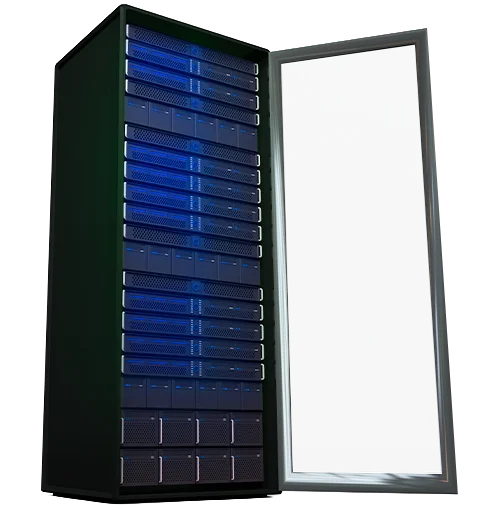 Gabinete de servidor de TI con puerta abierta, mostrando infraestructura de hardware para centros de datos y redes empresariales.